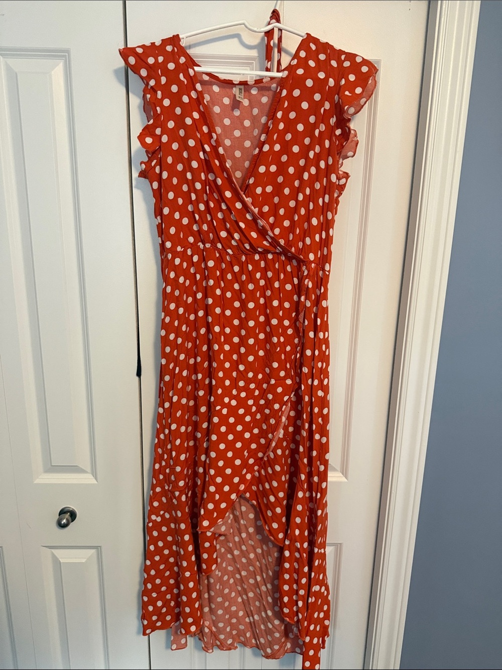 Polka Dot High-Low Wrap Dress in orange